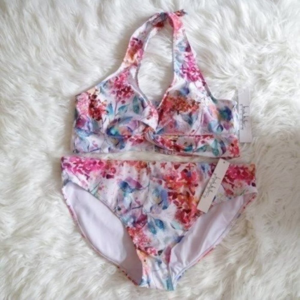 Nicole Miller White Pink Tropical Floral Printed Bikini Set Size Medium